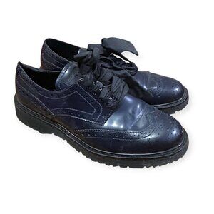 Prada Wingtip Oxford Ribbon Tie Shoes Navy Calf Leather 38.5 Early 2000s